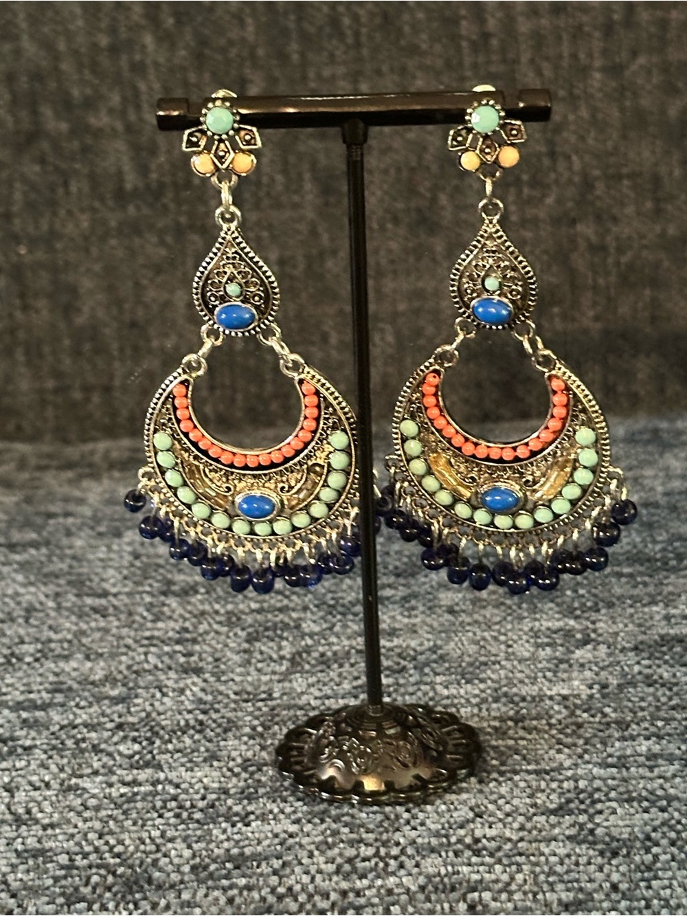 Bohemian Multi-Color Dangle Earrings - Turquoise, Coral & Navy